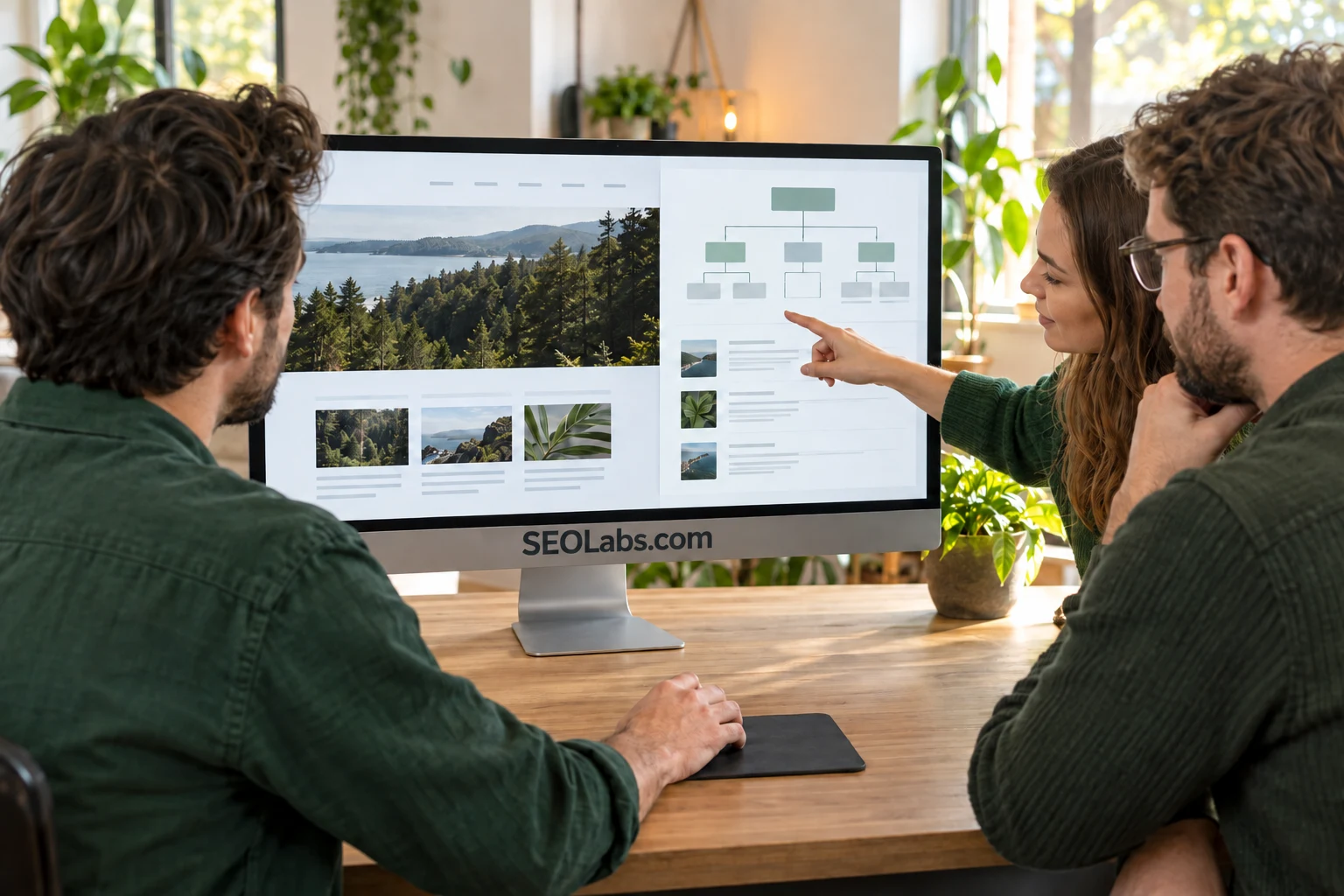 Three colleagues reviewing a website and its page hierarchy on a SEOLabs.com monitor