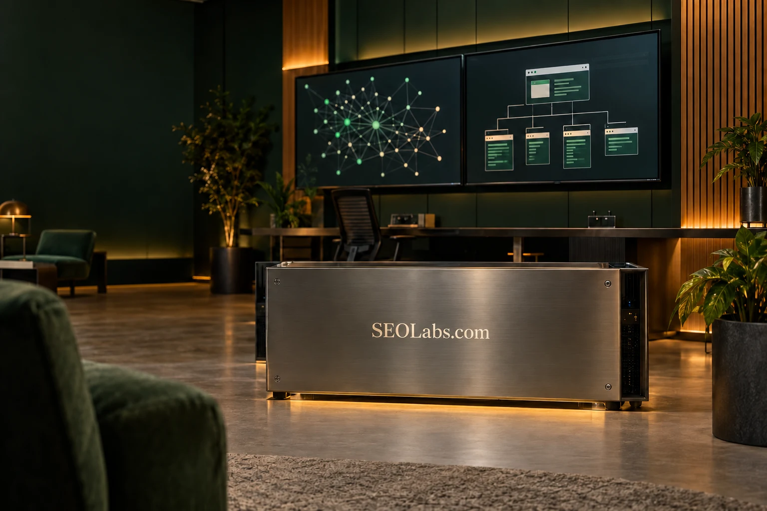 SEO workspace with website architecture diagrams on screens and SEOLabs.com lettering on a metal console