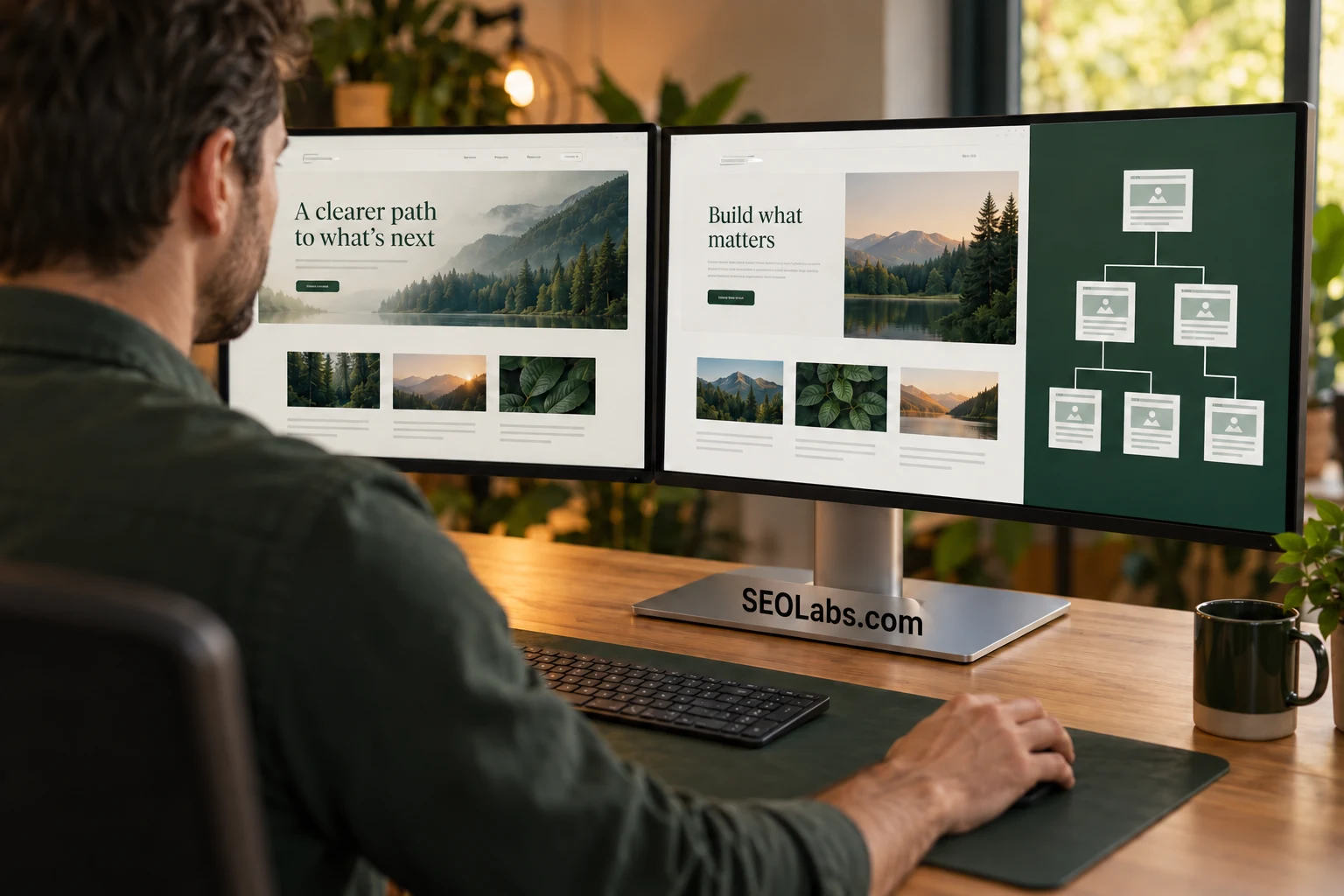 A person comparing two website versions and a page hierarchy on dual monitors