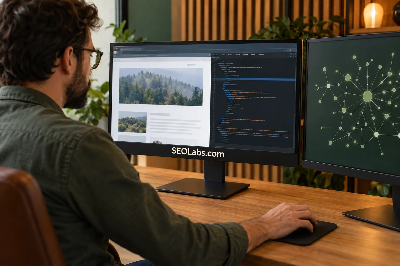 A technical reviewer inspecting page code beside a website link graph