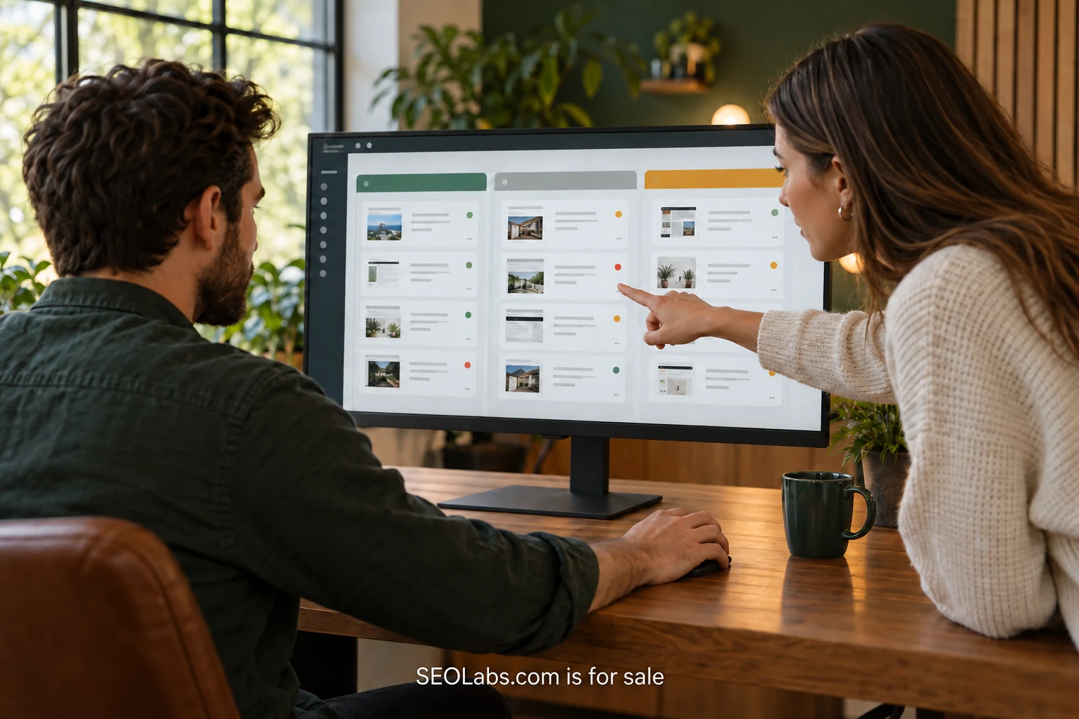 Two colleagues reviewing website issue cards in a digital work queue