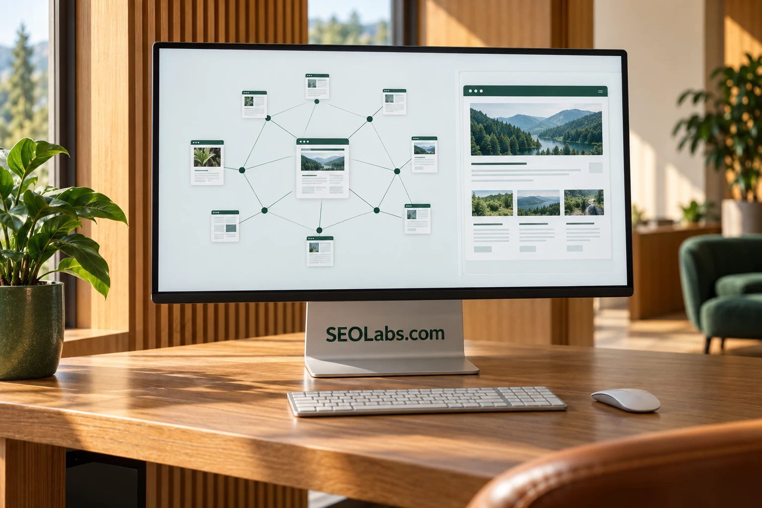 Website pages and an internal-link diagram on a monitor with SEOLabs.com on its stand
